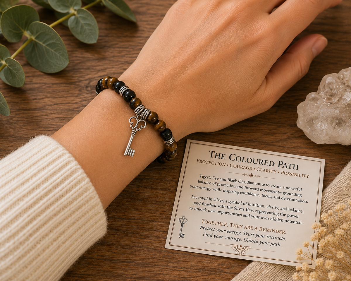 The Coloured Path – Tiger’s Eye & Black Obsidian Gemstone Bracelet with Silver Key Charm