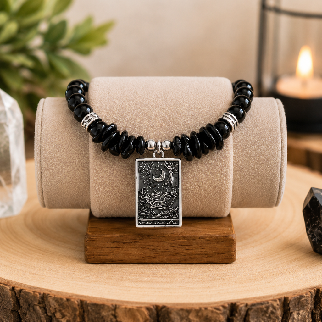 he Shadow Anchor – Black Obsidian Gemstone Bracelet with The Moon Tarot Charm