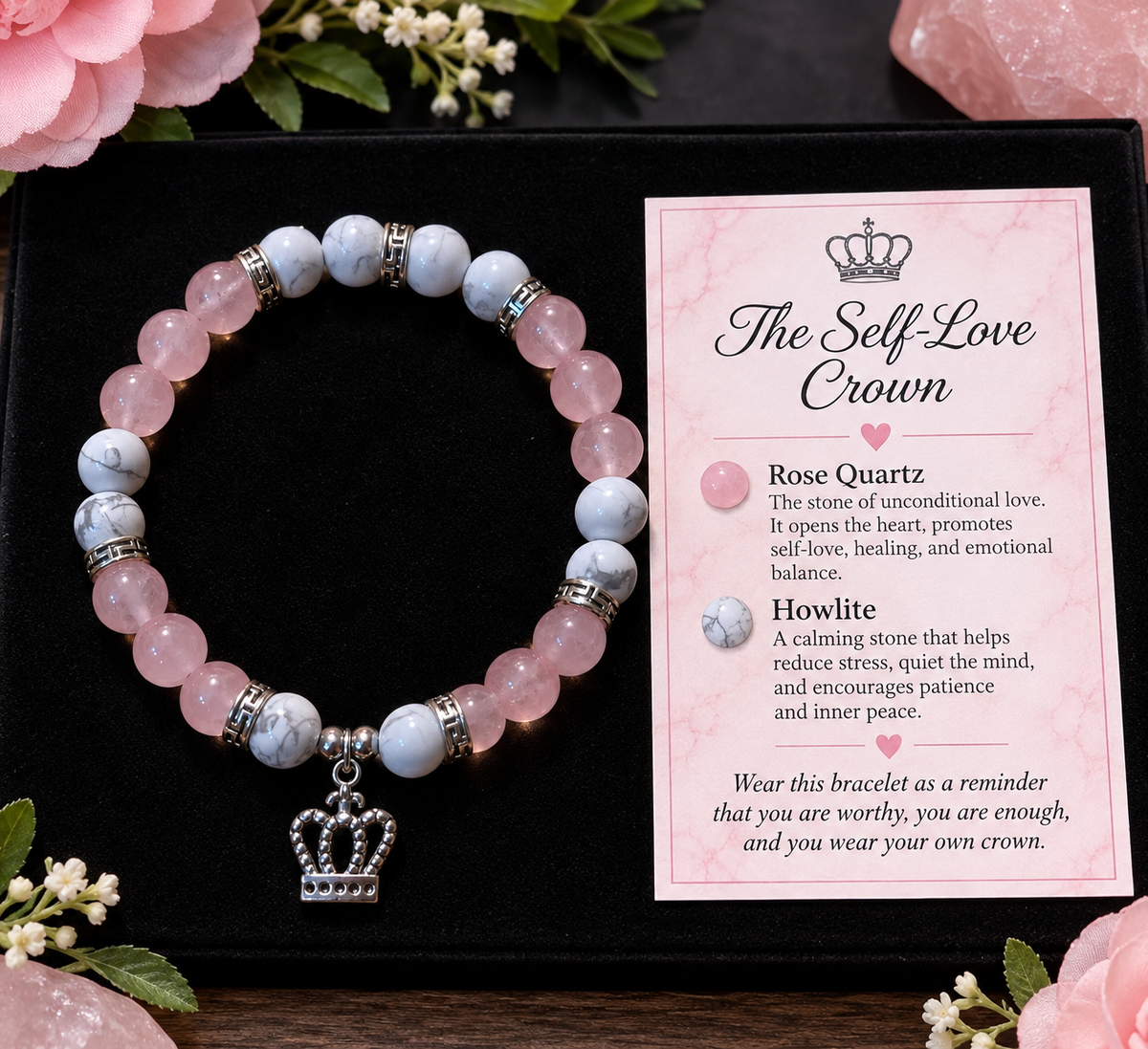 The Worthy Heart — Rose Quartz & Howlite Crown Bracelet