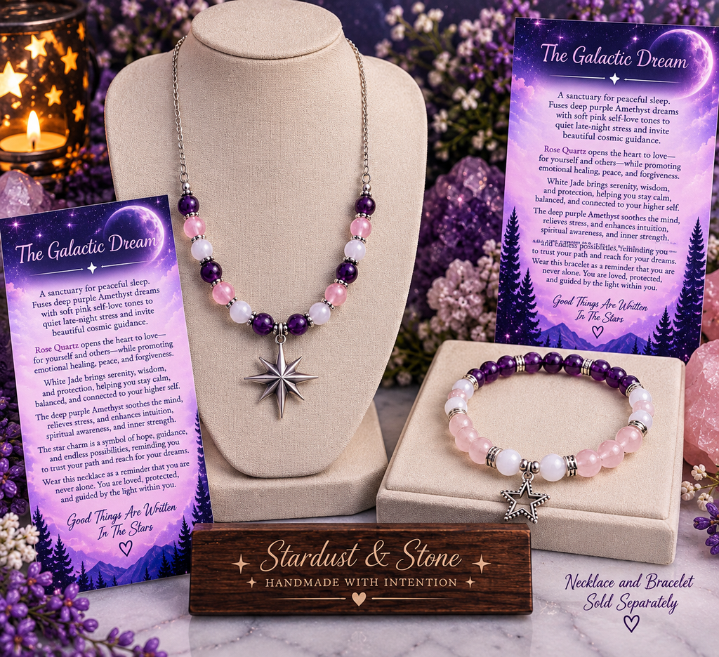 The Galactic Dream Set | Amethyst, Rose Quartz & White Jade Bracelet & Necklace