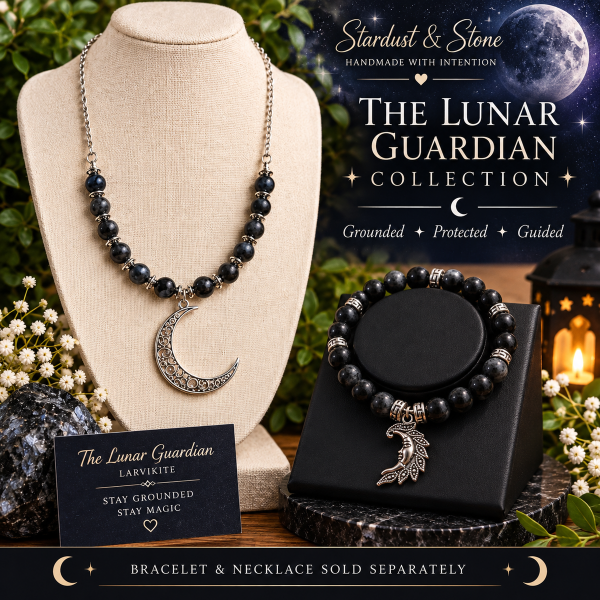 The Lunar Guardian Set | Black Larvikite Bracelet & Crescent Moon Necklace