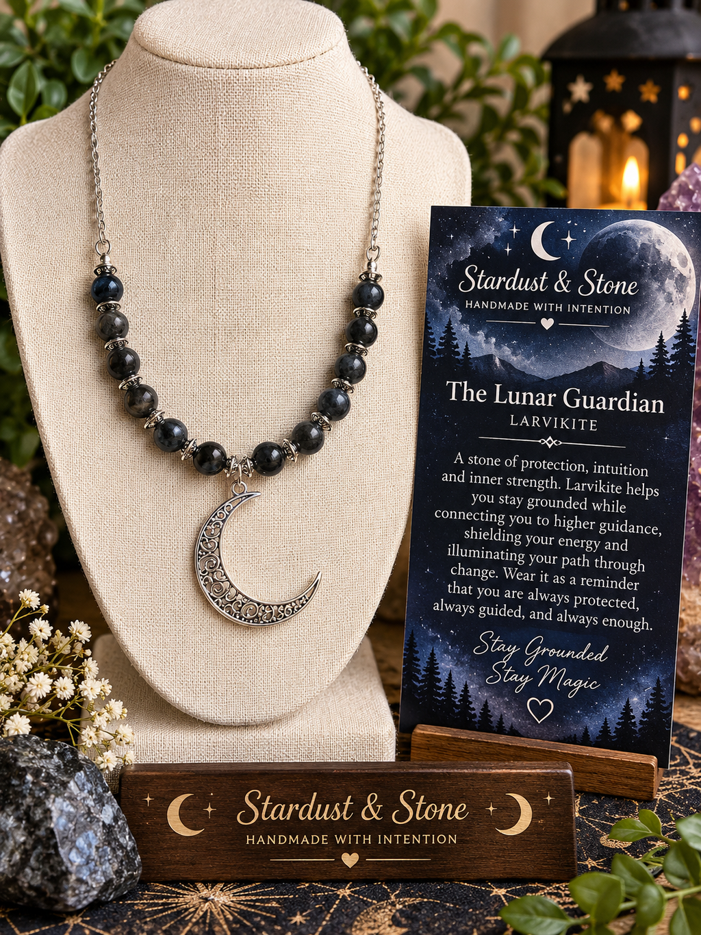 The Lunar Guardian | Black Larvikite Crescent Moon Necklace