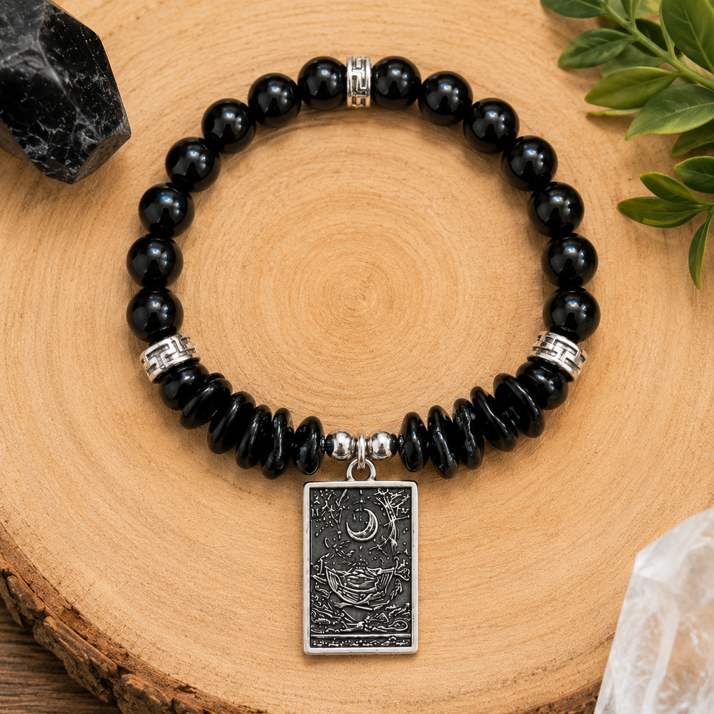 he Shadow Anchor – Black Obsidian Gemstone Bracelet with The Moon Tarot Charm