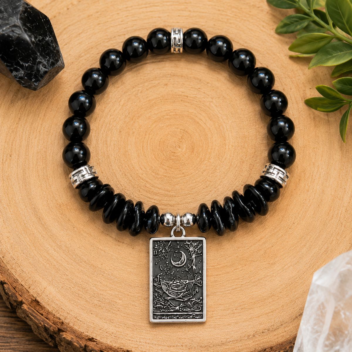 he Shadow Anchor – Black Obsidian Gemstone Bracelet with The Moon Tarot Charm
