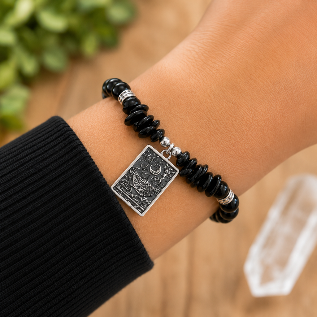 he Shadow Anchor – Black Obsidian Gemstone Bracelet with The Moon Tarot Charm