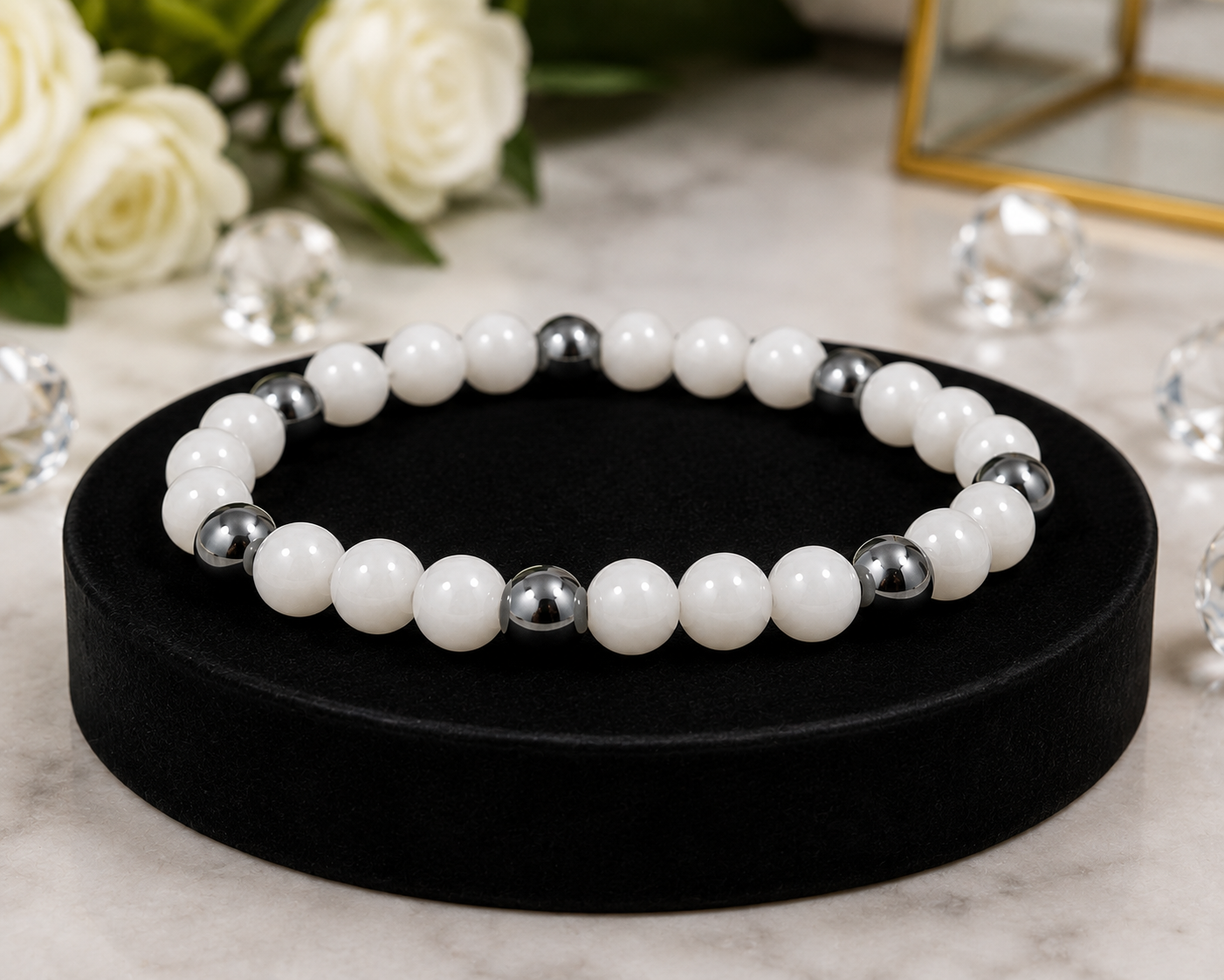 The Balanced Path – White Jade & Hematite Gemstone Bracelet