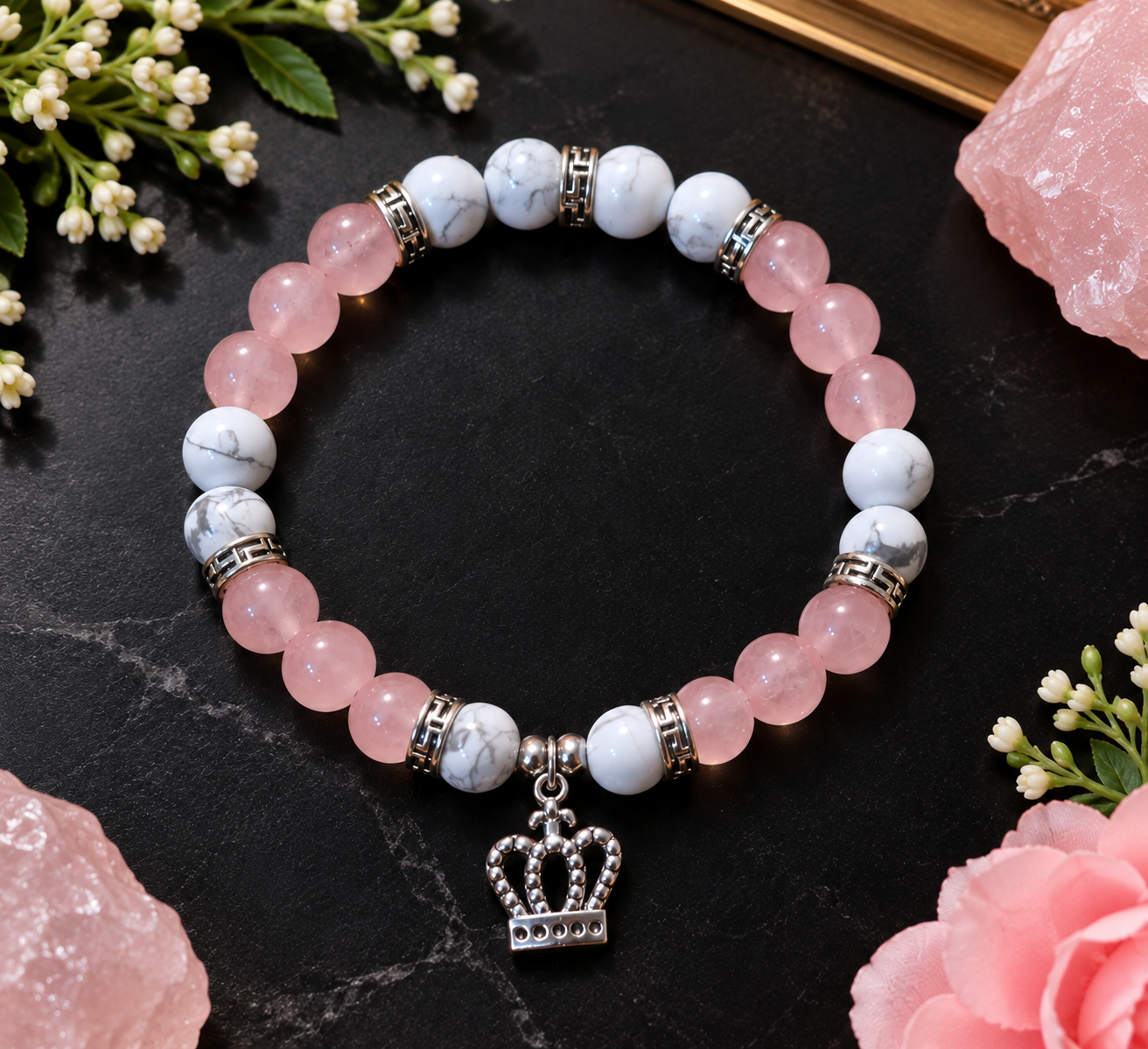 The Worthy Heart — Rose Quartz & Howlite Crown Bracelet