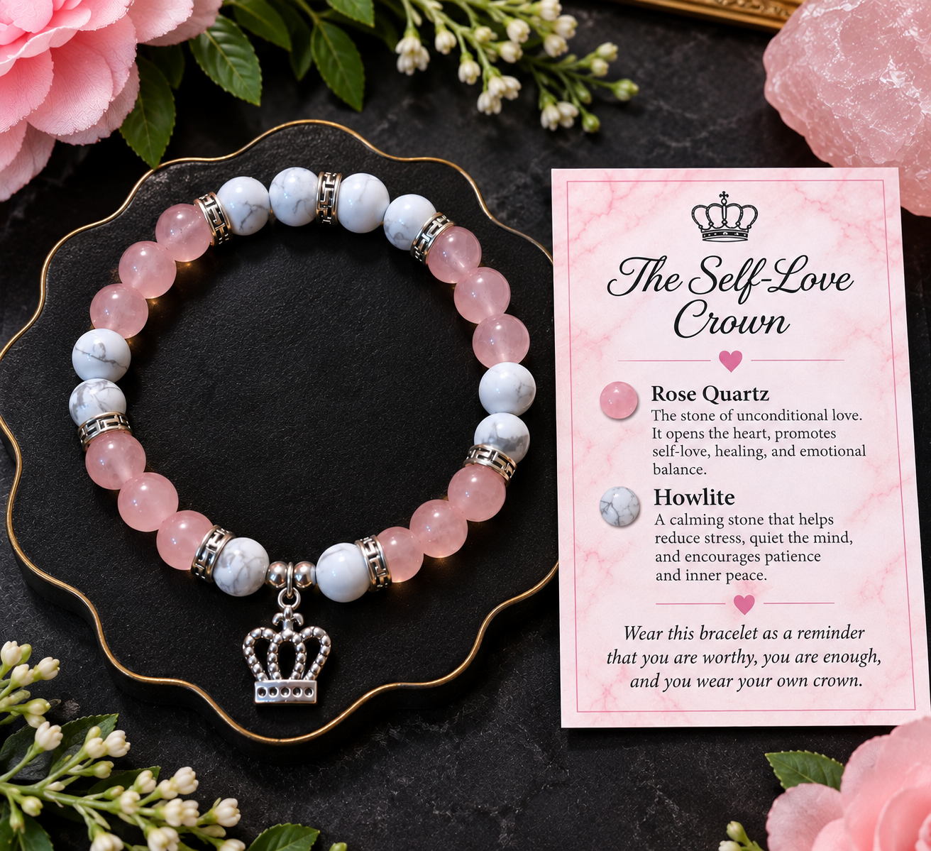 The Worthy Heart — Rose Quartz & Howlite Crown Bracelet