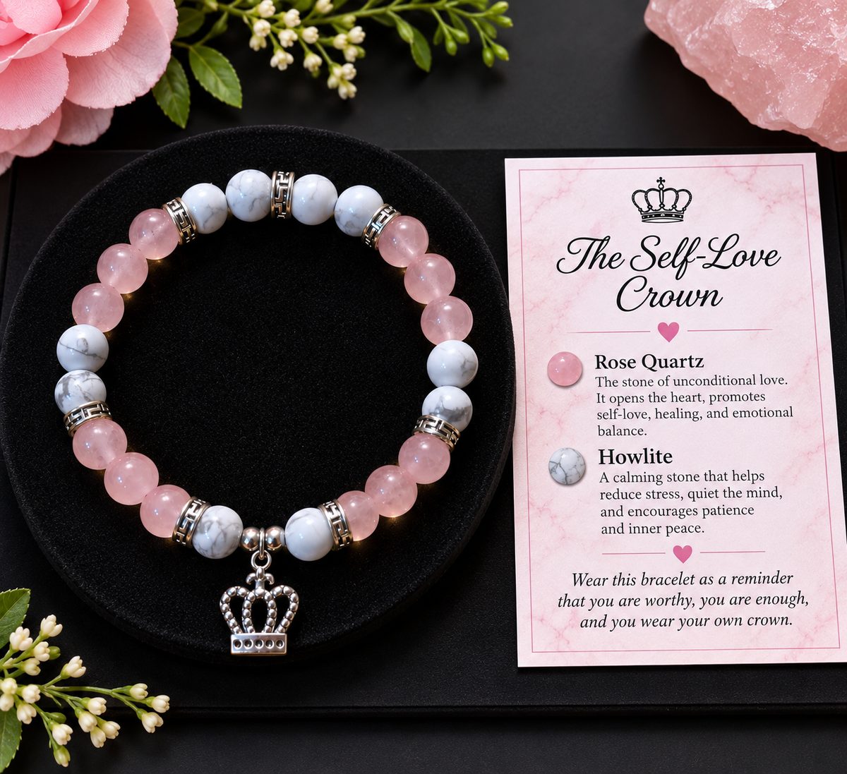 The Worthy Heart — Rose Quartz & Howlite Crown Bracelet