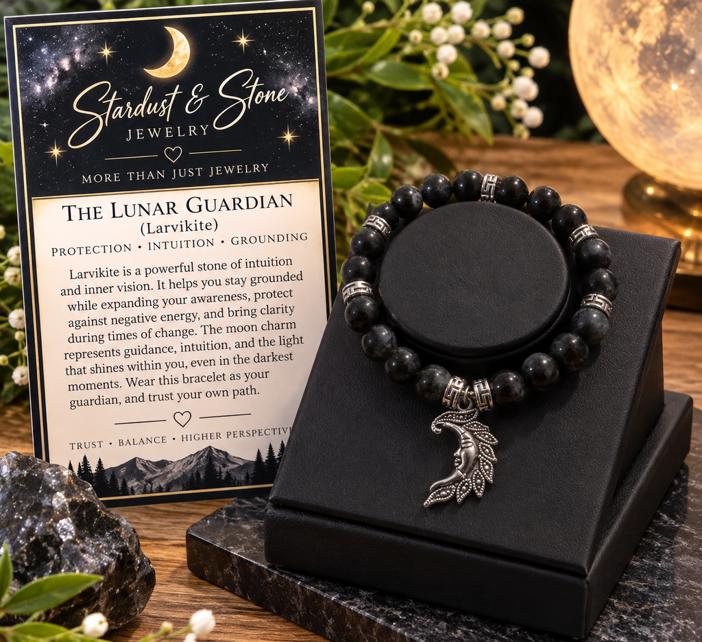 The Lunar Guardian Set | Black Larvikite Bracelet & Crescent Moon Necklace