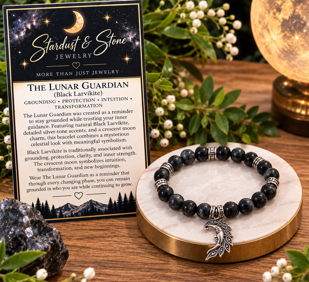The Lunar Guardian — Black Larvikite Bracelet