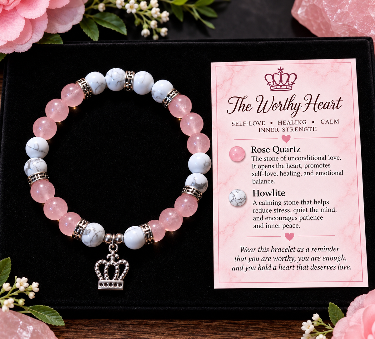The Worthy Heart — Rose Quartz & Howlite Crown Bracelet