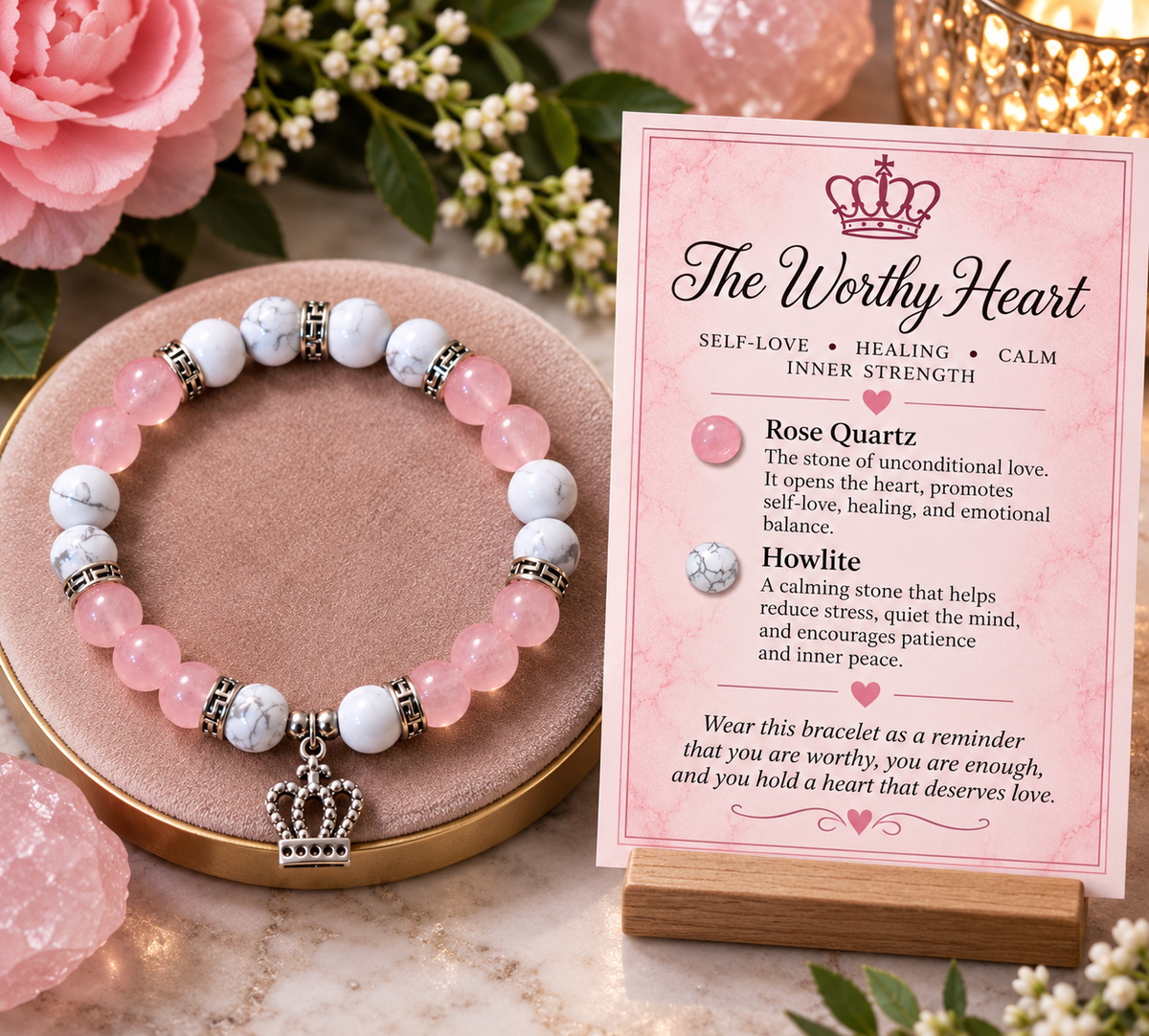 The Worthy Heart — Rose Quartz & Howlite Crown Bracelet