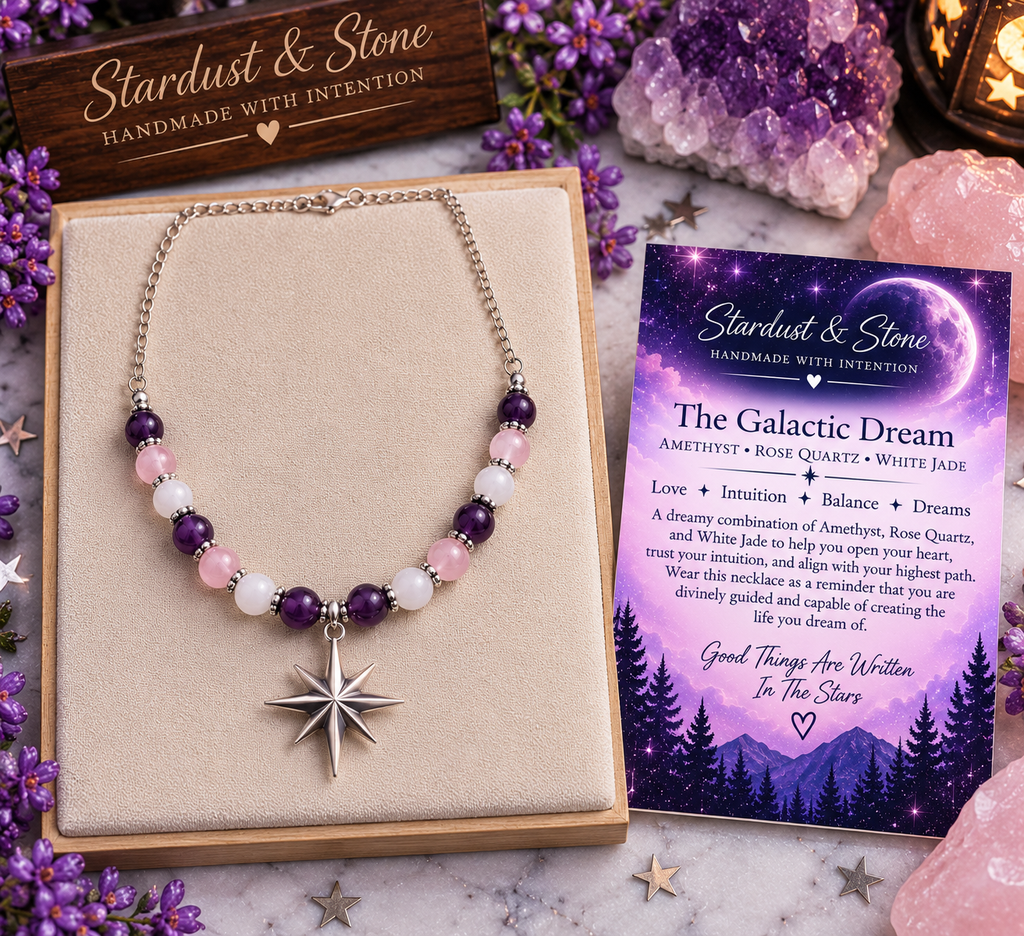 The Galactic Dream | Amethyst, Rose Quartz & White Jade Star Necklace