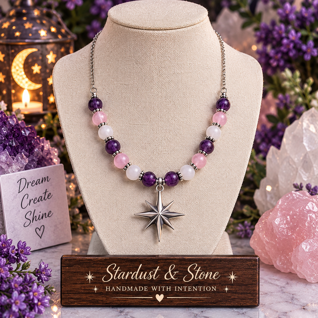 The Galactic Dream | Amethyst, Rose Quartz & White Jade Star Necklace