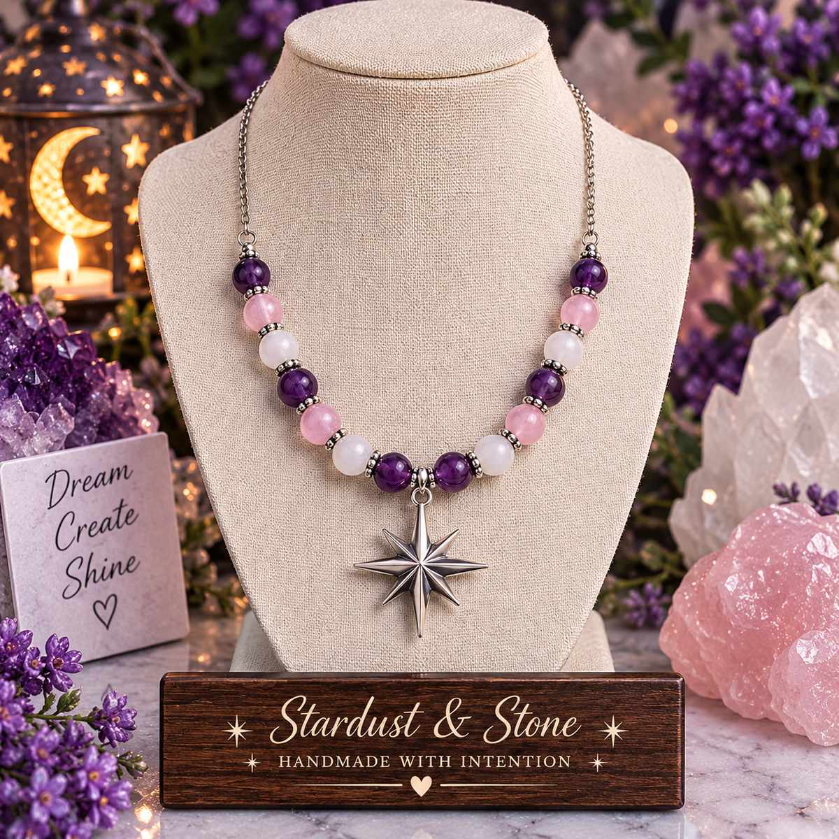 The Galactic Dream | Amethyst, Rose Quartz & White Jade Star Necklace