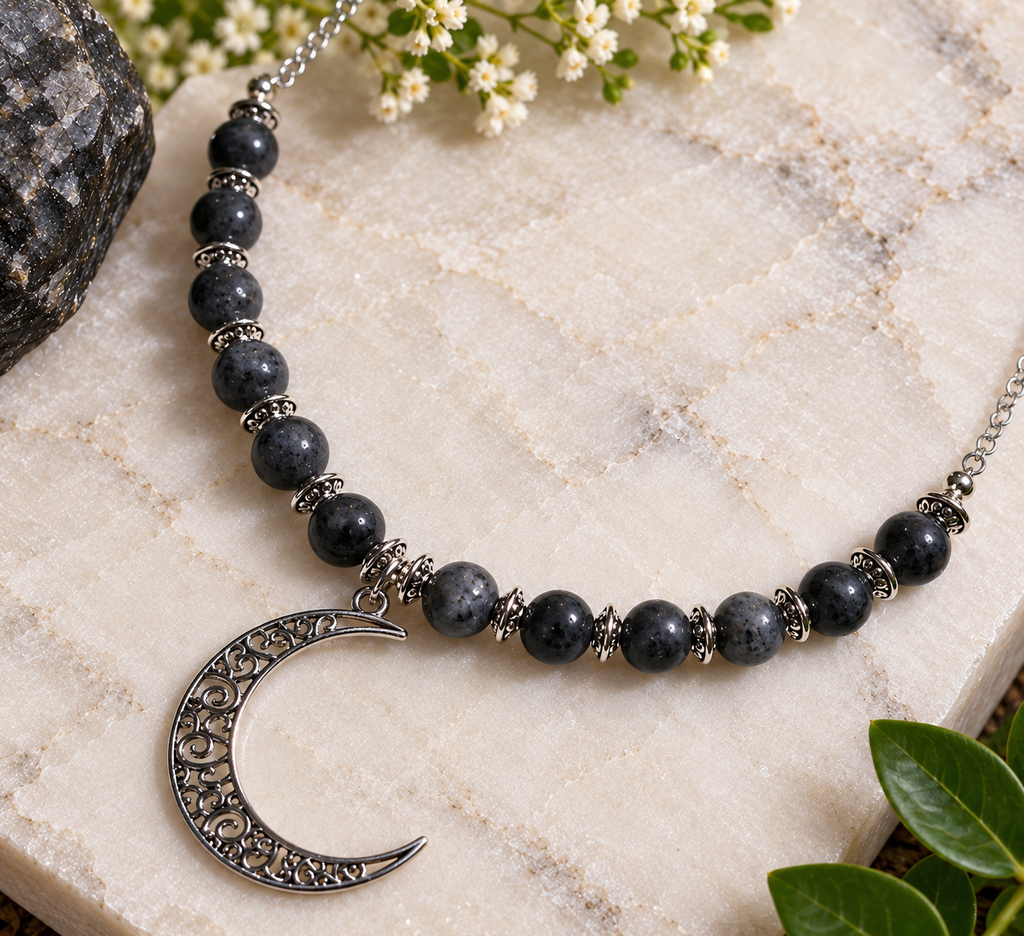 The Lunar Guardian | Black Larvikite Crescent Moon Necklace