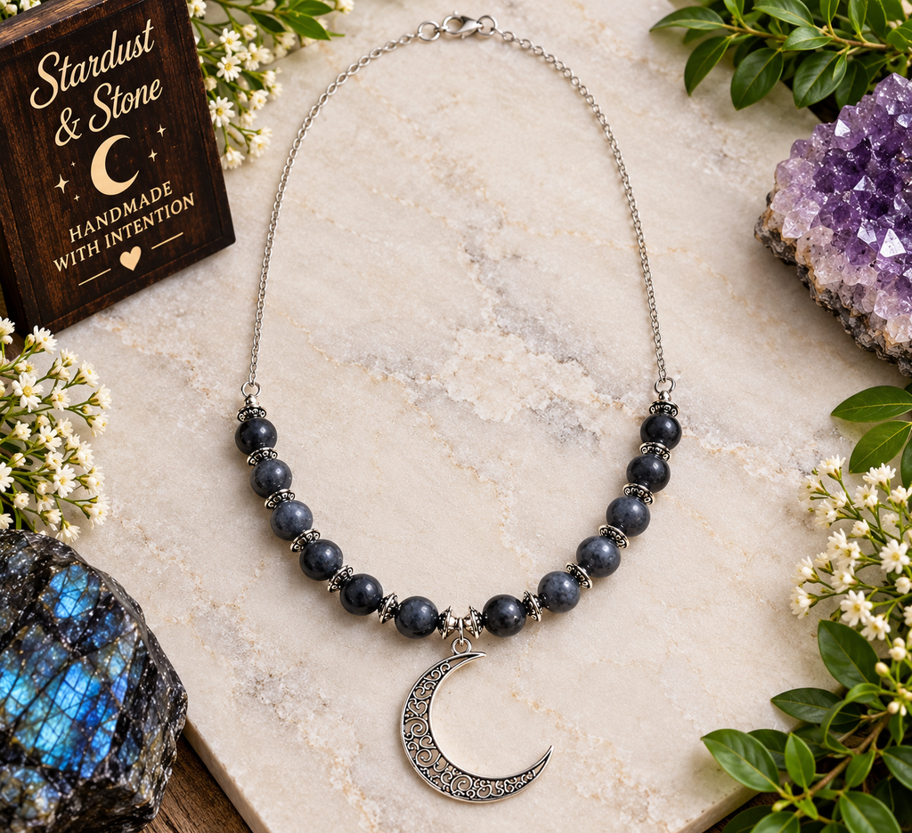 The Lunar Guardian | Black Larvikite Crescent Moon Necklace