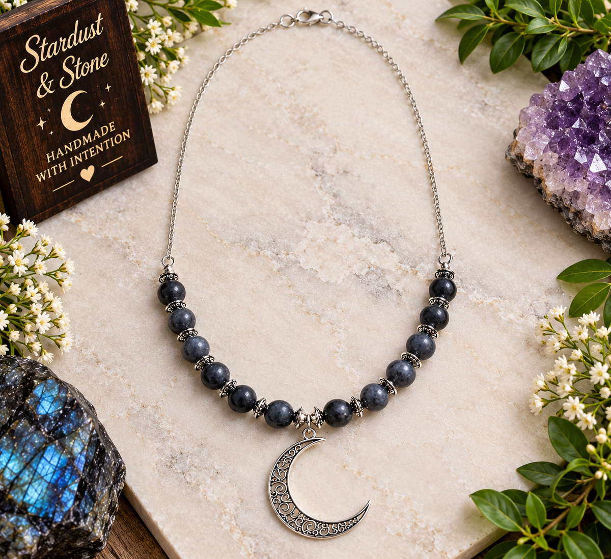 The Lunar Guardian | Black Larvikite Crescent Moon Necklace