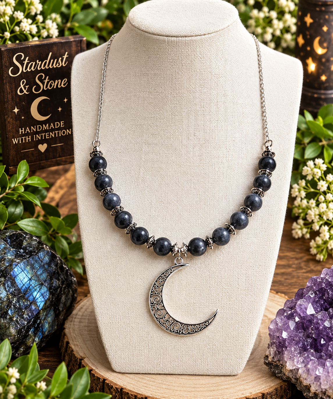 The Lunar Guardian | Black Larvikite Crescent Moon Necklace