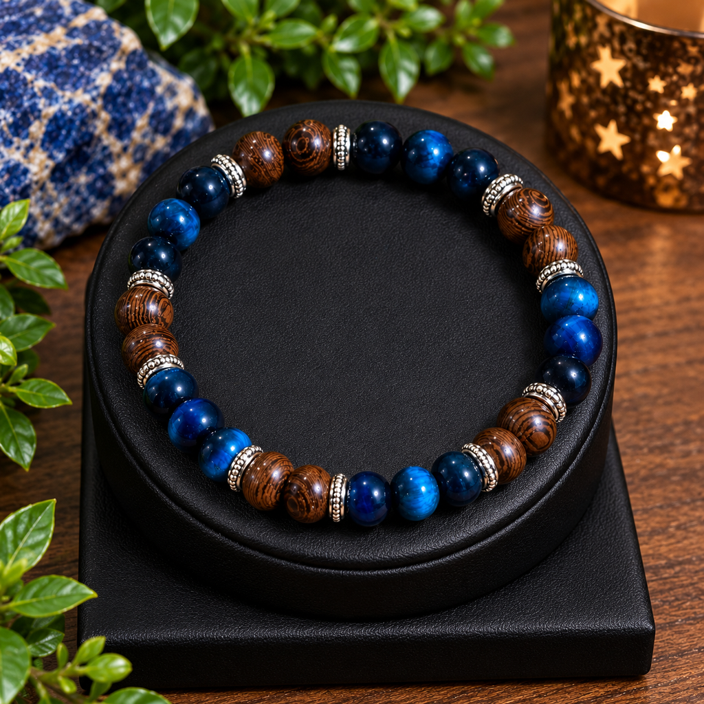 The Grounded Vision | Aquamarine Tiger’s Eye & Dark Wood Bracelet