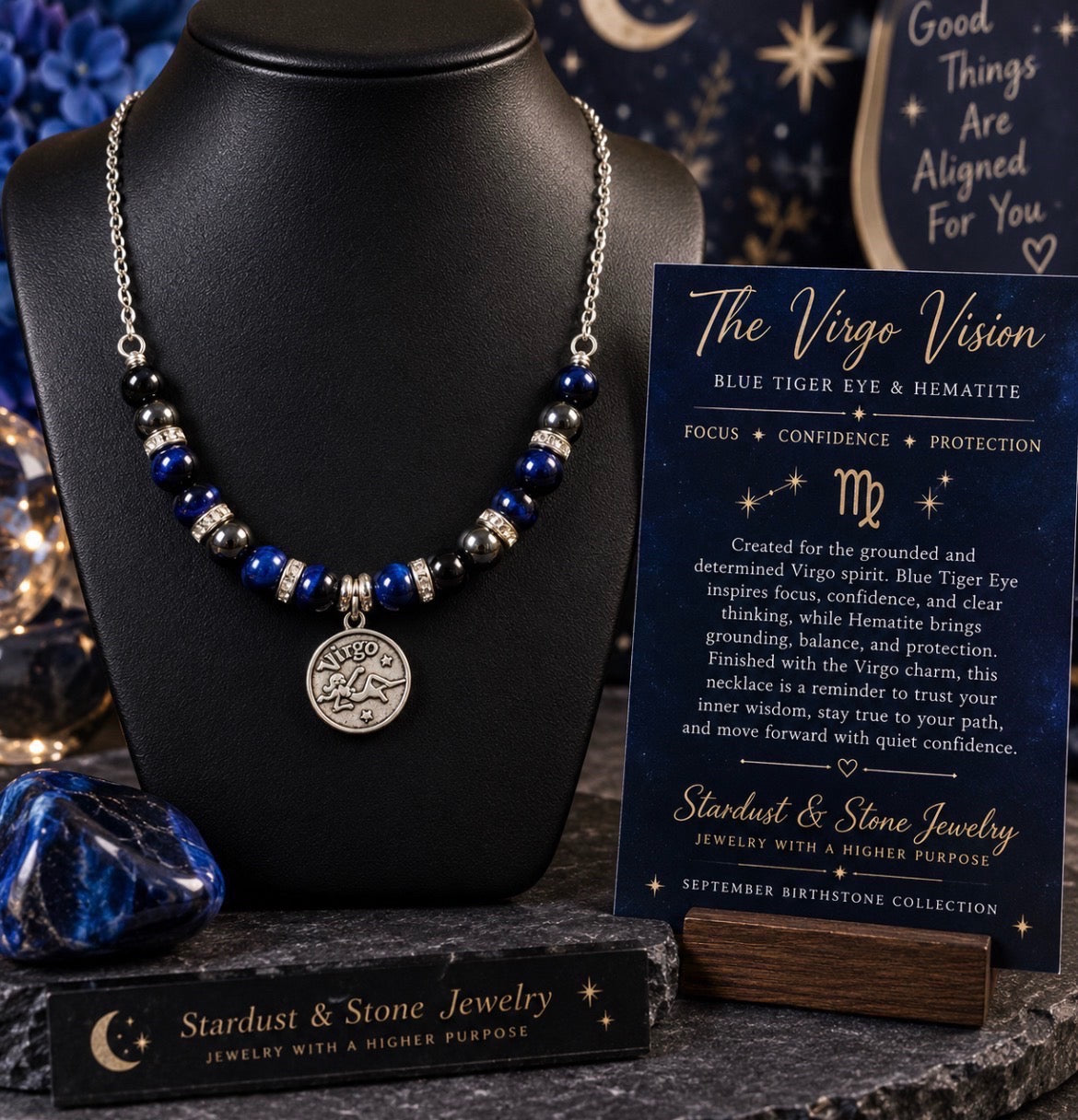 The Virgo Vision | Blue Tiger Eye & Hematite Virgo Necklace