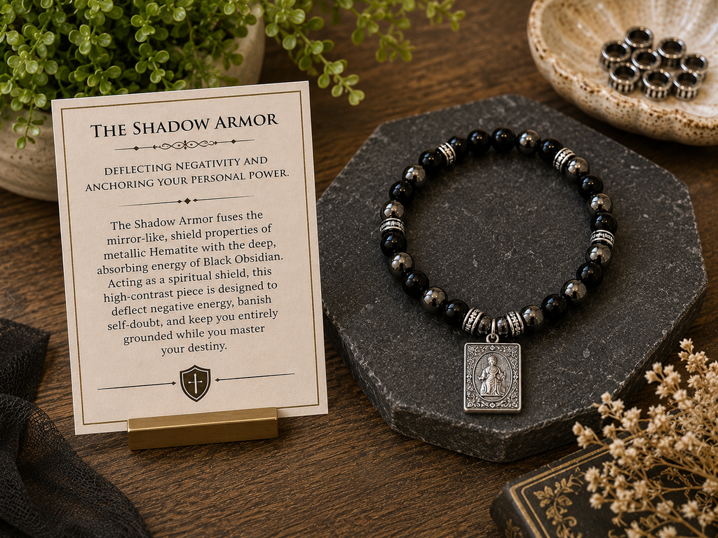 The Shadow Armor – Black Obsidian & Hematite Gemstone Bracelet with Silver Charm