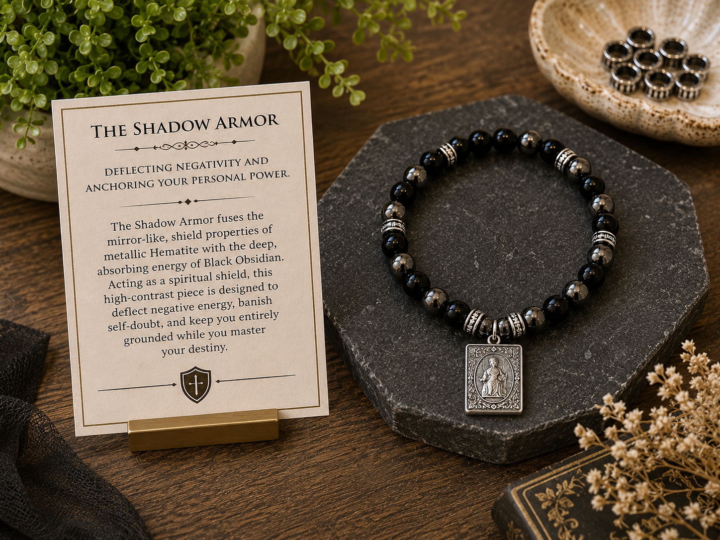 The Shadow Armor – Black Obsidian & Hematite Gemstone Bracelet with Silver Charm