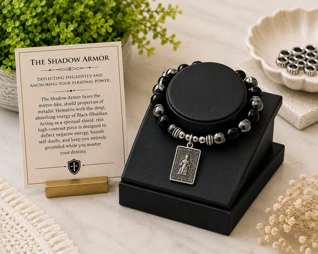 The Shadow Armor – Black Obsidian & Hematite Gemstone Bracelet with Silver Charm