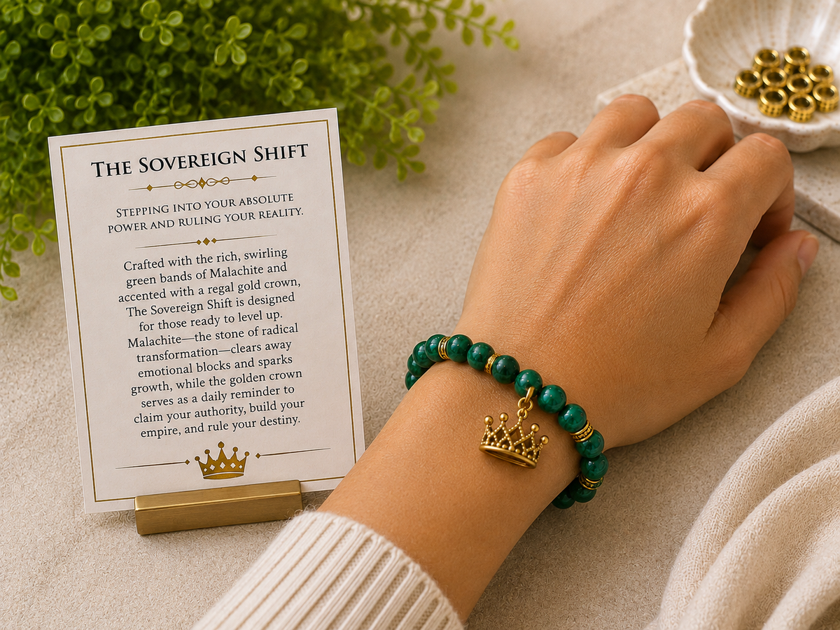 The Sovereign Shift – Malachite Gemstone Bracelet with Gold Crown Charm