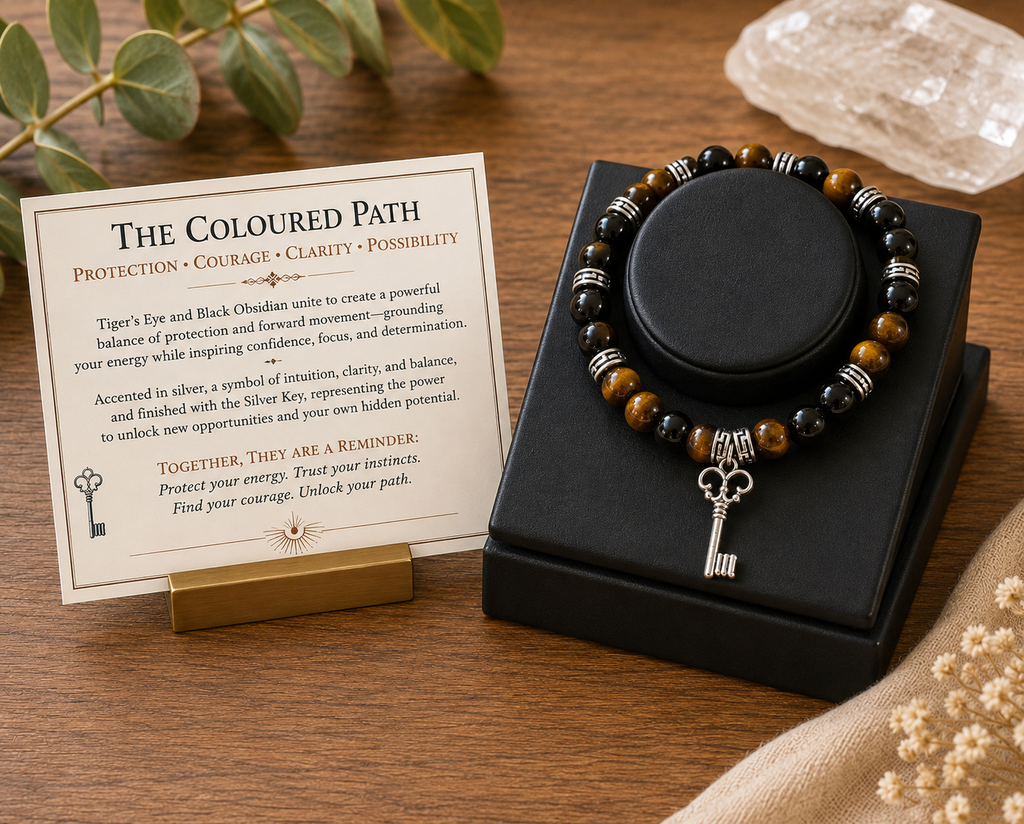 The Coloured Path – Tiger’s Eye & Black Obsidian Gemstone Bracelet with Silver Key Charm