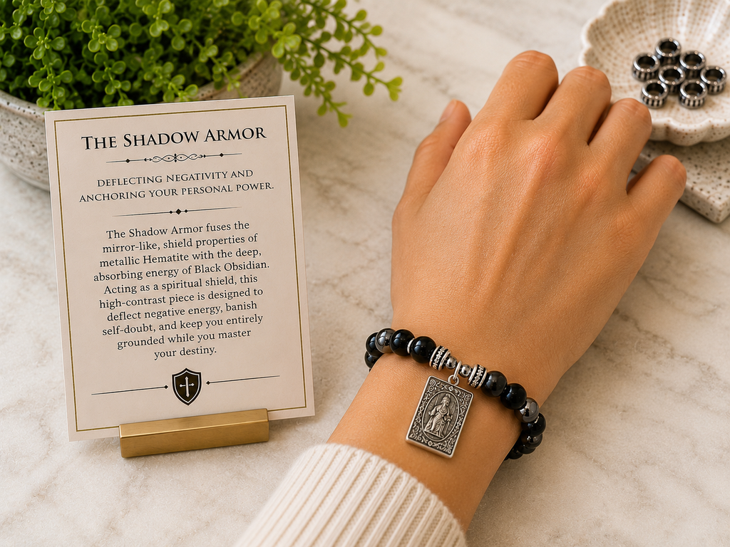 The Shadow Armor – Black Obsidian & Hematite Gemstone Bracelet with Silver Charm