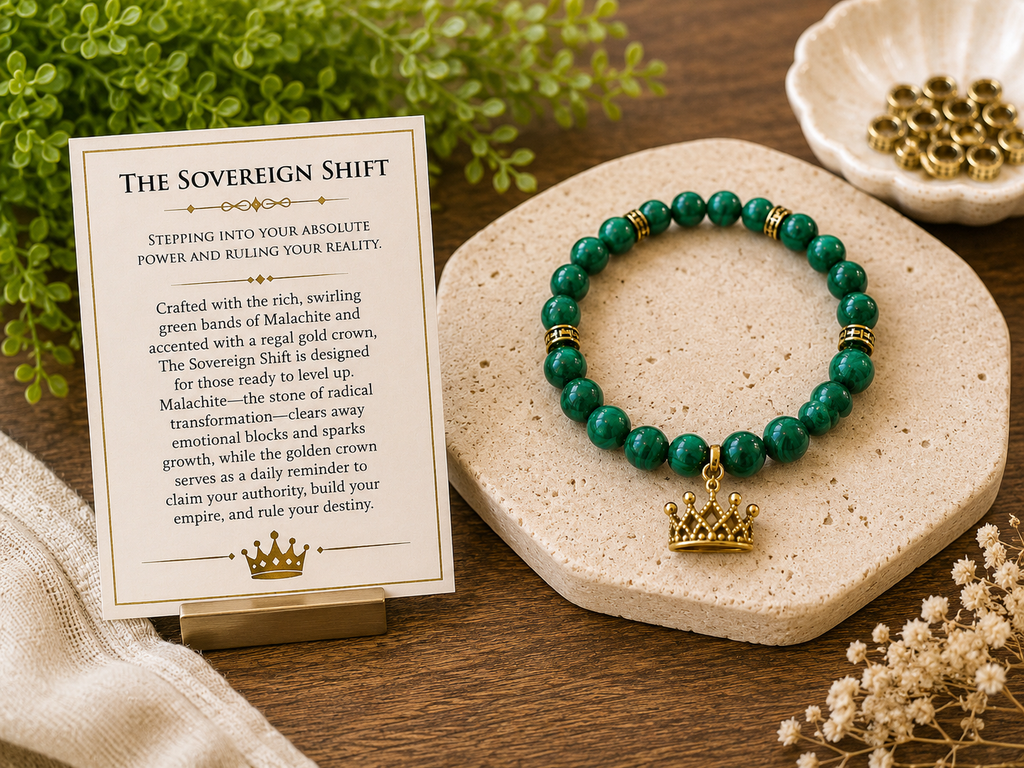 The Sovereign Shift – Malachite Gemstone Bracelet with Gold Crown Charm