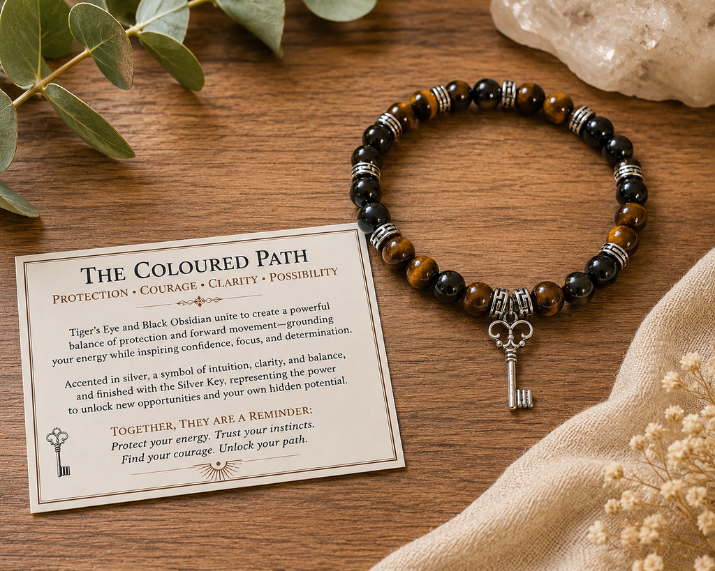 The Coloured Path – Tiger’s Eye & Black Obsidian Gemstone Bracelet with Silver Key Charm
