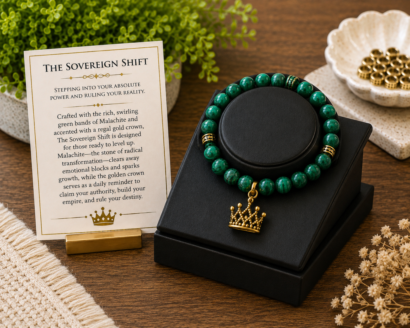 The Sovereign Shift – Malachite Gemstone Bracelet with Gold Crown Charm