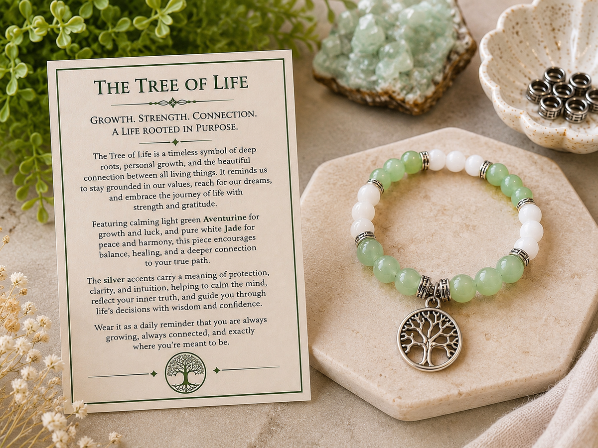 The Tree of Life – Green Aventurine & White Jade Gemstone Bracelet with Silver Tree of Life Charm