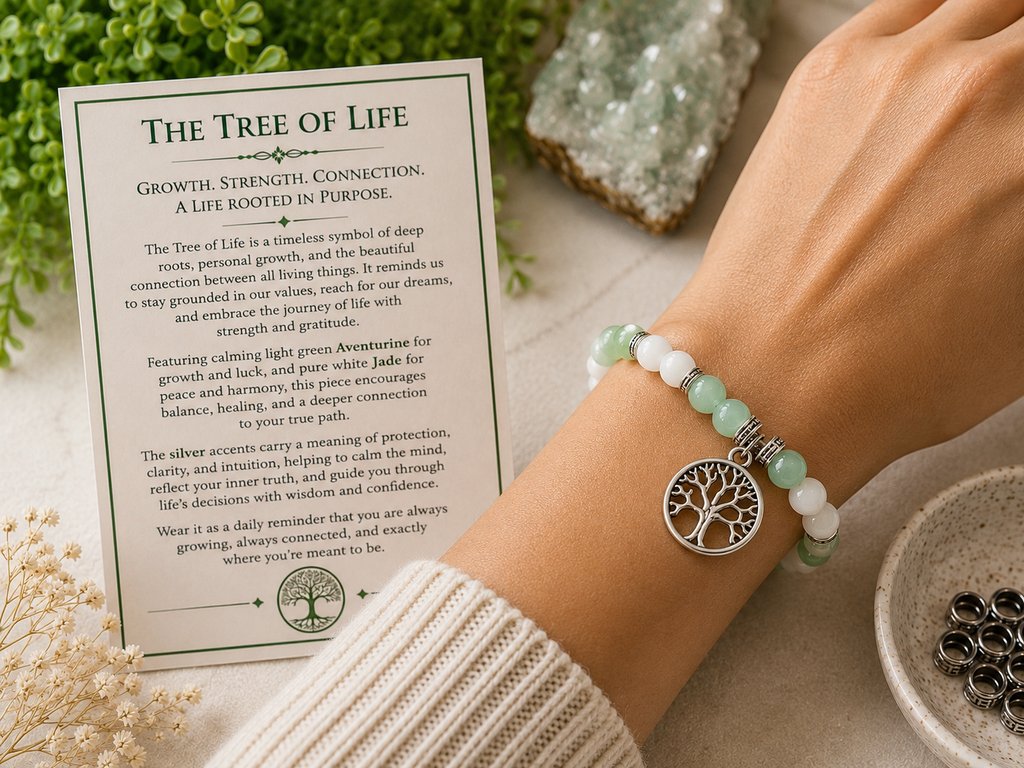 The Tree of Life – Green Aventurine & White Jade Gemstone Bracelet with Silver Tree of Life Charm