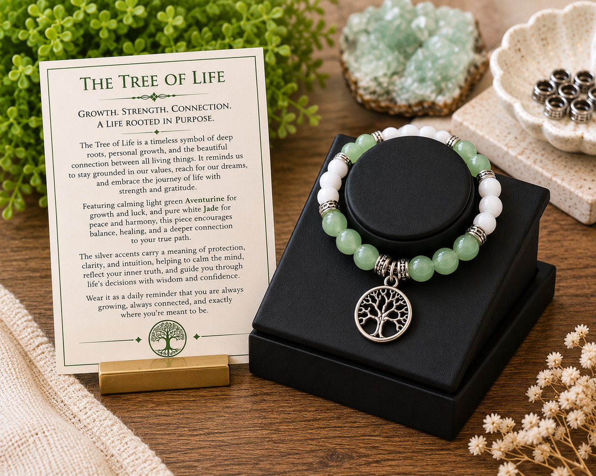 The Tree of Life – Green Aventurine & White Jade Gemstone Bracelet with Silver Tree of Life Charm