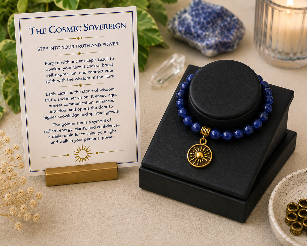 The Cosmic Sovereign – Lapis Lazuli Gemstone Bracelet with Gold Sun Charm