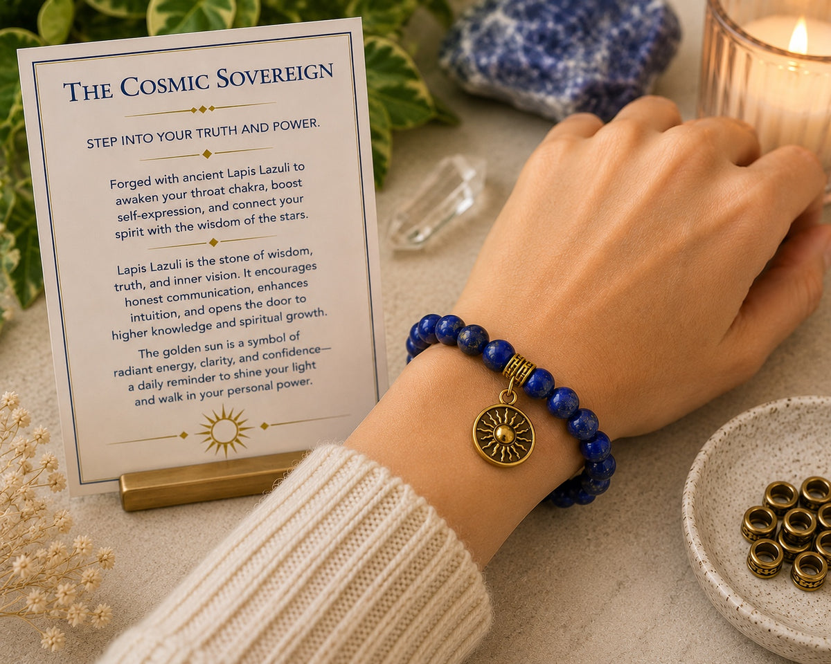 The Cosmic Sovereign – Lapis Lazuli Gemstone Bracelet with Gold Sun Charm