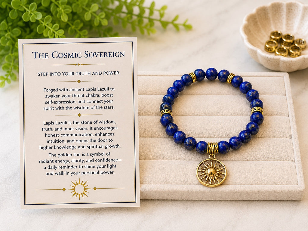 The Cosmic Sovereign – Lapis Lazuli Gemstone Bracelet with Gold Sun Charm